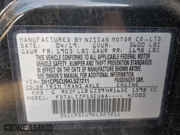 2019 Nissan Kicks SV z VIN 3N1CP5CU9KL527211, wystawiony jako Copart lot #51938855 z przebiegiem 134 816 mil mil oraz Szkoda całkowita • Salvage title. Historia ofert i sprzedaży dostępna na DreamBid. Obrazek 14.