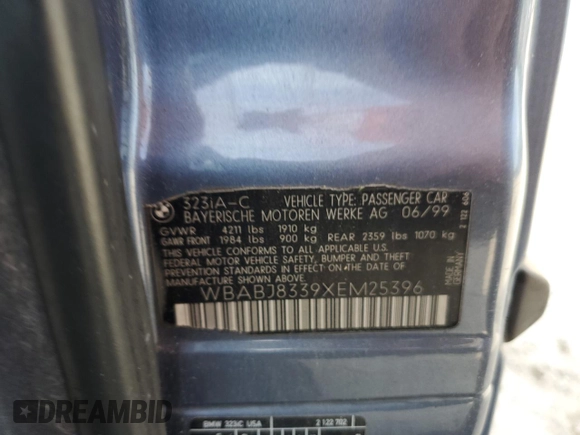 1999 BMW 3 Series 323i с VIN WBABJ8339XEM25396, выставлен на аукционе Copart как лот 58027715 с пробегом 145 503 миль миль и Чистый • Clean title. История ставок и продаж доступна на DreamBid. Изображение 12.