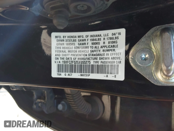 2016 Honda Civic Sedan LX with VIN 19XFC2F52GE055275, listed as a IAAI auction lot 41913726 with 1 mi miles. Bid and sale history available at carsss.com. Image 9.
