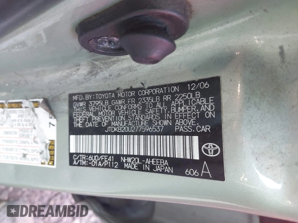 2007 Toyota Prius z VIN JTDKB20U277596537, wystawiony jako IAAI lot #42175149 z przebiegiem Nie podano mil oraz . Historia ofert i sprzedaży dostępna na DreamBid. Obrazek 9.