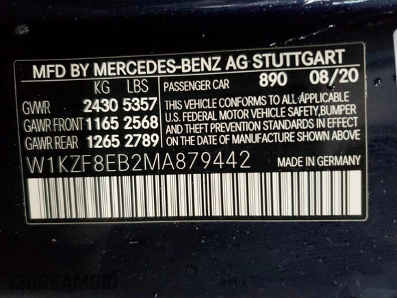 2021 Mercedes-Benz E-Class E 350 with VIN W1KZF8EB2MA879442, listed as a Copart auction lot 89382905 with 77,517 mi miles and Salvage Title. Bid and sale history available at carsss.com. Image 12.
