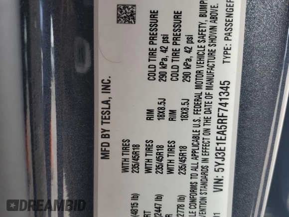 2024 Tesla Model 3 with VIN 5YJ3E1EA5RF741345, listed as a Copart auction lot 51535165 with 7,372 mi miles and Salvage Title. Bid and sale history available at DreamBid. Image 14.