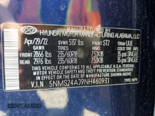 2022 Hyundai Santa Fe SEL with VIN 5NMS24AJ9NH460931, listed as a Copart auction lot 54148015 with 29,139 mi miles and Salvage Title. Bid and sale history available at DreamBid. Image 15.
