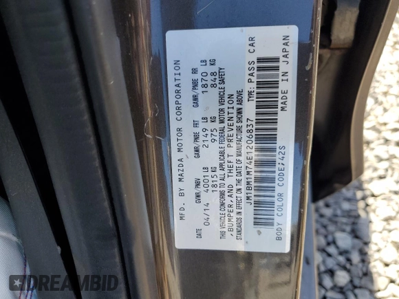 2014 Mazda 3 i Grand Touring with VIN JM1BM1M74E1206837, listed as a Copart auction lot 52314345 with Not Provided miles and Salvage Title. Bid and sale history available at DreamBid. Image 13.