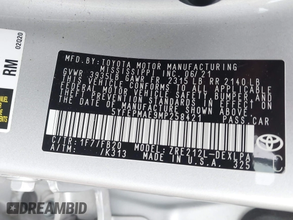 2021 Toyota Corolla LE with VIN 5YFEPMAE9MP258421, listed as a IAAI auction lot 41775756 with 81,675 mi miles and . Bid and sale history available at DreamBid. Image 9.