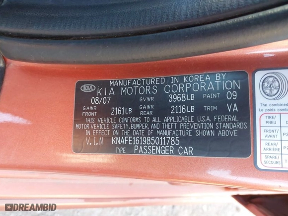 2008 Kia Spectra with VIN KNAFE161985011785, listed as a IAAI auction lot 41076914 with NaN miles. Bid and sale history available at carsss.com. Image 9.