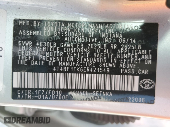 2014 Toyota Camry L with VIN 4T4BF1FK6ER421549, listed as a Copart auction lot 54618145 with 34,043 mi miles and Salvage Title. Bid and sale history available at DreamBid. Image 12.