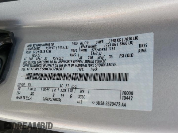 2019 Ford F-150 XL with VIN 1FTFW1E59KKC70287, listed as a Copart auction lot 52596015 with 113,089 mi miles and Salvage Title. Bid and sale history available at carsss.com. Image 12.