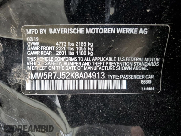 2019 BMW 3 Series 330i xDrive with VIN 3MW5R7J52K8A04913, listed as a Copart auction lot 58498355 with 59,091 mi miles and Salvage title. Bid and sale history available at DreamBid. Image 12.