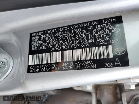2017 Toyota Prius One z VIN JTDKDTB31H1591628, wystawiony jako Copart lot #56675045 z przebiegiem 94 030 mil mil oraz Czysty tytuł • Clean title. Historia ofert i sprzedaży dostępna na DreamBid. Obrazek 12.
