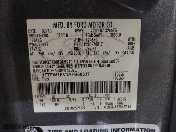 2010 Ford F-150 XL with VIN 1FTFW1EV1AFB68537, listed as a IAAI auction lot 41466219 with 1 mi miles. Bid and sale history available at carsss.com. Image 9.
