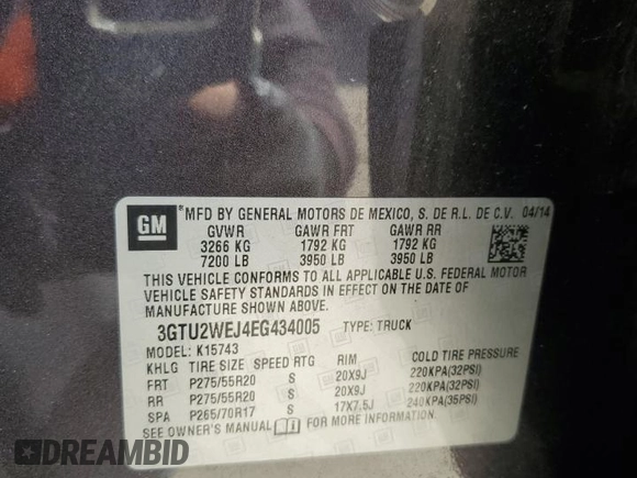 2014 GMC Sierra 1500 with VIN 3GTU2WEJ4EG434005, listed as a Copart auction lot 49495525 with Not Provided miles and Salvage Title. Bid and sale history available at DreamBid. Image 12.