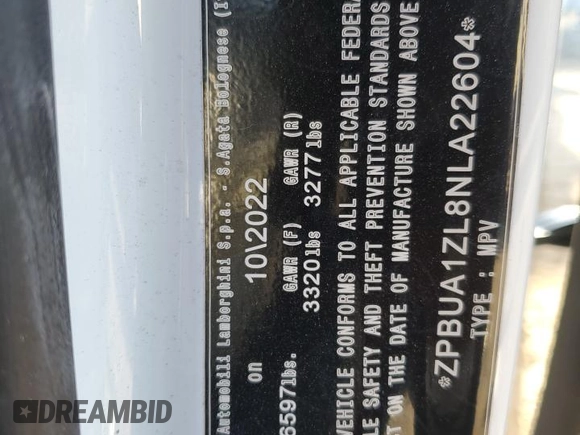 2022 Lamborghini Urus z VIN ZPBUA1ZL8NLA22604, wystawiony jako Copart lot #77174164 z przebiegiem Nie podano mil oraz Szkoda całkowita • Salvage title. Historia ofert i sprzedaży dostępna na DreamBid. Obrazek 12.