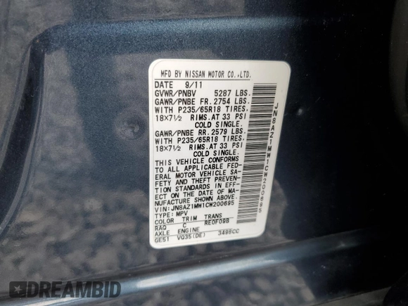 2012 Nissan Murano SL with VIN JN8AZ1MW1CW200695, listed as a Copart auction lot 71716334 with 170,638 mi miles and Salvage Title. Bid and sale history available at carsss.com. Image 13.