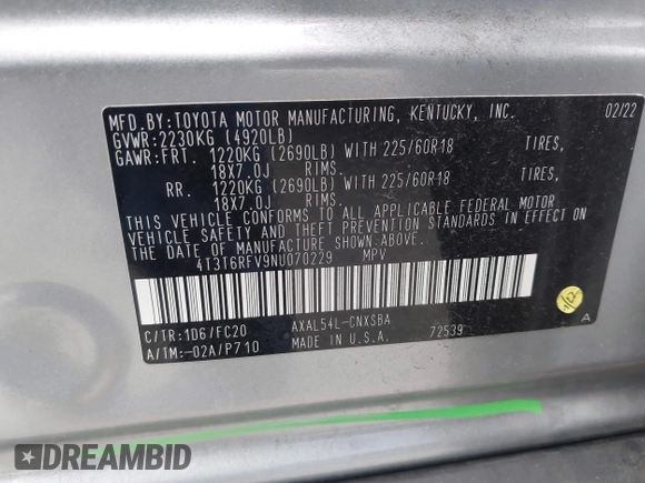 2022 Toyota RAV4 Hybrid SE z VIN 4T3T6RFV9NU070229, wystawiony jako IAAI lot #42565070 z przebiegiem 21 901 mil mil oraz . Historia ofert i sprzedaży dostępna na DreamBid. Obrazek 9.