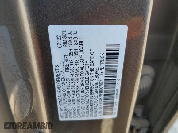 2022 Honda Ridgeline RTL-E with VIN 5FPYK3F79NB037874, listed as a Copart auction lot 65616285 with 39,856 mi miles and Clean title. Bid and sale history available at DreamBid. Image 12.