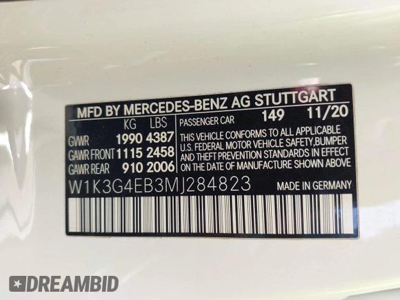 2021 Mercedes-Benz A 220 with VIN W1K3G4EB3MJ284823, listed as a IAAI auction lot 41940239 with 54,998 mi miles and . Bid and sale history available at DreamBid. Image 9.