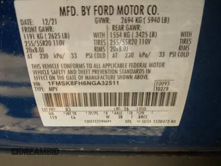 2022 Ford Explorer Limited with VIN 1FMSK8FH6NGA32511, listed as a IAAI auction lot 41982706 with 60,618 mi miles. Bid and sale history available at carsss.com. Image 9.