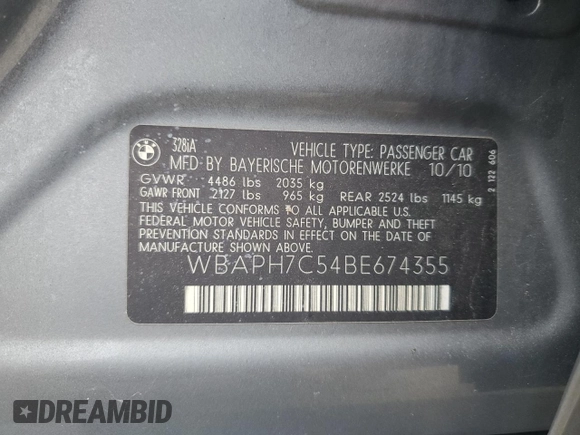 2011 BMW 3 Series 328i with VIN WBAPH7C54BE674355, listed as a Copart auction lot 48977585 with 88,778 mi miles and Clean Title. Bid and sale history available at DreamBid. Image 12.