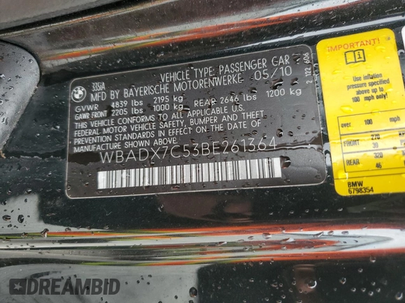 2011 BMW 3 Series 335i with VIN WBADX7C53BE261364, listed as a Copart auction lot 48391185 with 118,331 mi miles and Salvage Title. Bid and sale history available at carsss.com. Image 12.