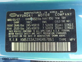 2017 Hyundai Tucson Value with VIN KM8J33A2XHU467861, listed as a IAAI auction lot 41684522 with 96,841 mi miles. Bid and sale history available at carsss.com. Image 9.