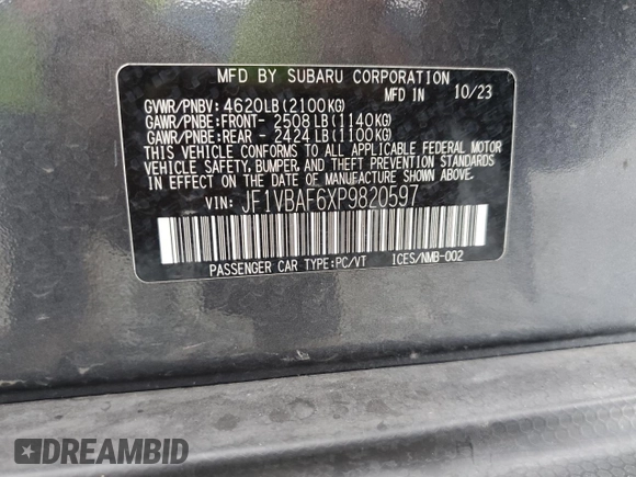 2023 Subaru WRX Premium with VIN JF1VBAF6XP9820597, listed as a Copart auction lot 52255895 with 41,084 mi miles and Salvage title. Bid and sale history available at DreamBid. Image 15.