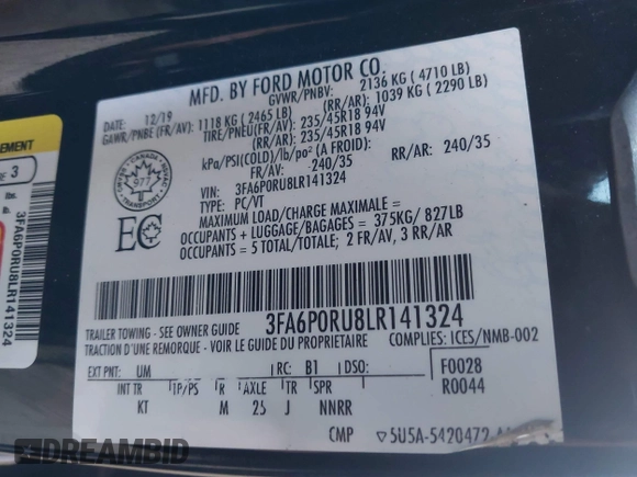 2020 Ford Fusion Titanium with VIN 3FA6P0RU8LR141324, listed as a IAAI auction lot 42004026 with 107,136 mi miles and . Bid and sale history available at DreamBid. Image 9.