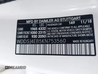 2019 Mercedes-Benz CLA with VIN WDDSJ4EB5KN753560, listed as a IAAI auction lot 41786979 with 56,528 mi miles. Bid and sale history available at carsss.com. Image 9.