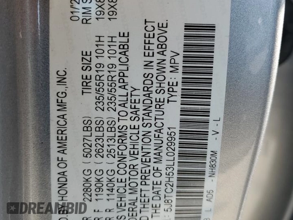 2020 Acura RDX w/Technology Pkg with VIN 5J8TC2H53LL029951, listed as a Copart auction lot 60509783 with 20,220 mi miles. Bid and sale history available at carsss.com. Image 12.