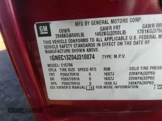2004 Chevrolet Tahoe LT z VIN 1GNEC13Z04J318074, wystawiony jako IAAI lot #41755717 z przebiegiem 186 254 mil mil oraz . Historia ofert i sprzedaży dostępna na DreamBid. Obrazek 9.