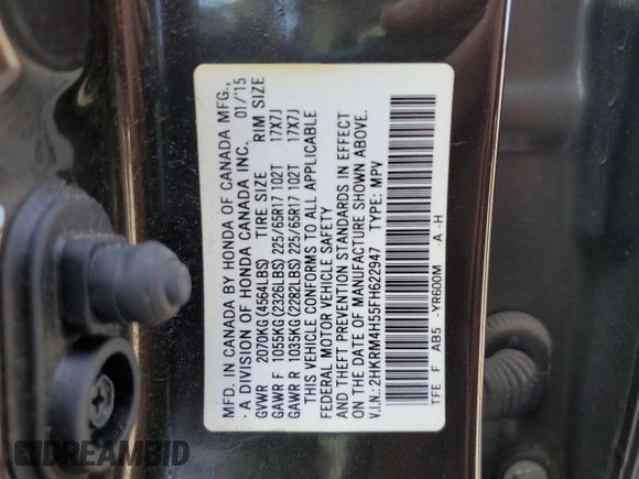 2015 Honda CR-V EX with VIN 2HKRM4H55FH622947, listed as a Copart auction lot 52870635 with 58,403 mi miles and Salvage Title. Bid and sale history available at DreamBid. Image 14.