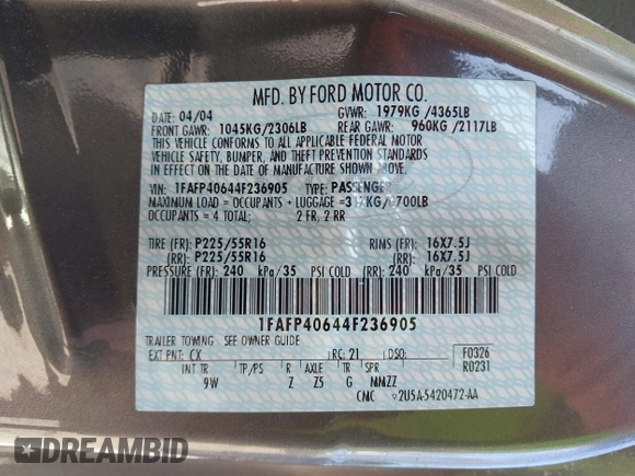 2004 Ford Mustang Standard z VIN 1FAFP40644F236905, wystawiony jako IAAI lot #42016081 z przebiegiem 167 733 mil mil oraz . Historia ofert i sprzedaży dostępna na DreamBid. Obrazek 9.