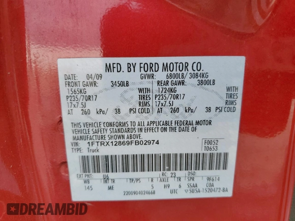 2009 Ford F-150 STX with VIN 1FTRX12869FB02974, listed as a Copart auction lot 52781725 with 130,583 mi miles and Salvage title. Bid and sale history available at DreamBid. Image 12.