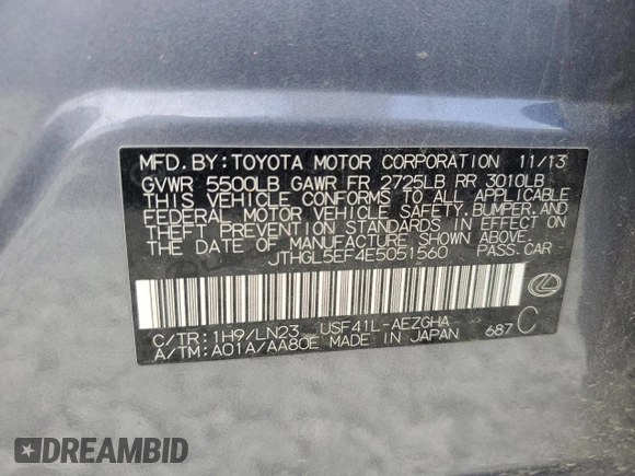2014 Lexus LS 460 L with VIN JTHGL5EF4E5051560, listed as a Copart auction lot 55837084 with 180,562 mi miles and Salvage title. Bid and sale history available at DreamBid. Image 13.