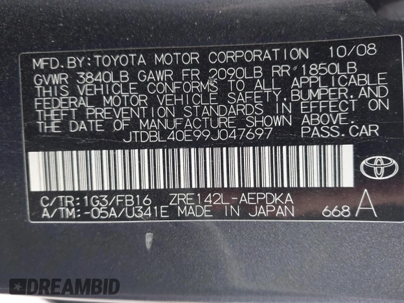 2009 Toyota Corolla z VIN JTDBL40E99J047697, wystawiony jako IAAI lot #42274336 z przebiegiem 184 756 mil mil oraz . Historia ofert i sprzedaży dostępna na DreamBid. Obrazek 9.