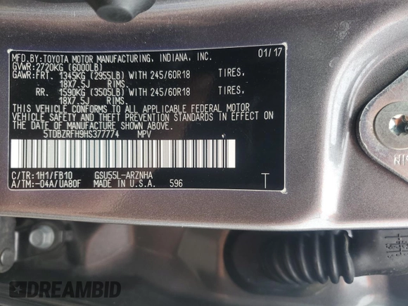 2017 Toyota Highlander LE with VIN 5TDBZRFH9HS377774, listed as a Copart auction lot 62551485 with 75,292 mi miles and Salvage title. Bid and sale history available at DreamBid. Image 14.