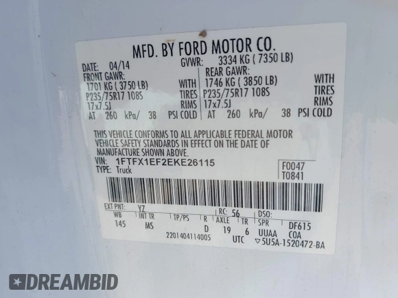 2014 Ford F-150 XL with VIN 1FTFX1EF2EKE26115, listed as a IAAI auction lot 41949049 with 118,404 mi miles. Bid and sale history available at carsss.com. Image 9.