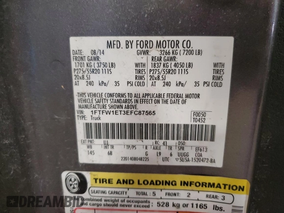 2014 Ford F-150 XL with VIN 1FTFW1ET3EFC87565, listed as a Copart auction lot 49617765 with 159,521 mi miles and Salvage Title. Bid and sale history available at carsss.com. Image 13.