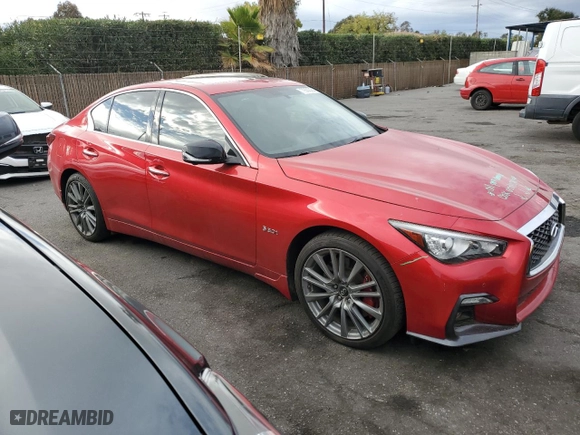 2018 Infiniti Q50 RED SPORT 400 with VIN JN1FV7AR6JM481502, listed as a Copart auction lot 79382084 with 74,095 mi miles and Salvage Title. Bid and sale history available at carsss.com. Image 4.