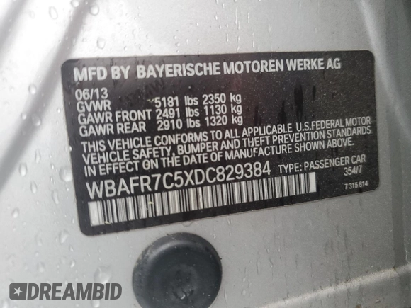 2013 BMW 5 Series 535i with VIN WBAFR7C5XDC829384, listed as a Copart auction lot 49880875 with 133,908 mi miles and Salvage Title. Bid and sale history available at DreamBid. Image 14.