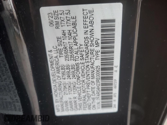 2024 Honda CR-V LX with VIN 7FARS4H23RE000625, listed as a Copart auction lot 44525715 with 22,878 mi miles and Salvage Title. Bid and sale history available at DreamBid. Image 14.