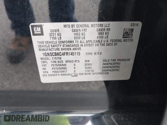 2015 Chevrolet Tahoe LT with VIN 1GNSCBKC4FR145119, listed as a IAAI auction lot 42309931 with 99,408 mi miles and . Bid and sale history available at DreamBid. Image 9.
