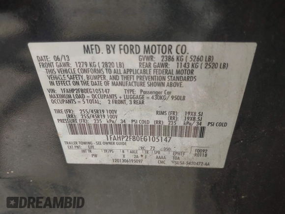 2014 Ford Taurus Limited with VIN 1FAHP2F80EG105147, listed as a IAAI auction lot 41899174 with 137,451 mi miles and . Bid and sale history available at DreamBid. Image 9.