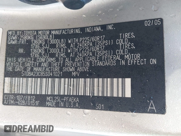 2005 Toyota Sienna LE with VIN 5TDBA23C85S041021, listed as a IAAI auction lot 41770918 with 205,503 mi miles. Bid and sale history available at carsss.com. Image 9.