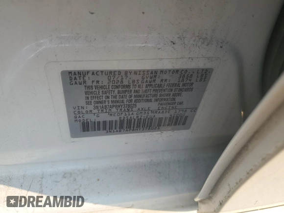 2017 Nissan Sentra SV z VIN 3N1AB7AP8HY378025, wystawiony jako Copart lot #59206725 z przebiegiem 138 831 mil mil oraz Czysty tytuł • Clean title. Historia ofert i sprzedaży dostępna na DreamBid. Obrazek 12.