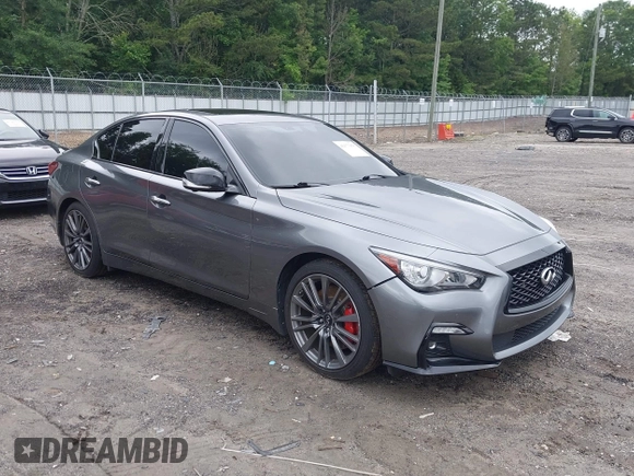2021 Infiniti Q50 Red Sport 400 with VIN JN1FV7DR2MM880505, listed as a IAAI auction lot 42377058 with 59,618 mi miles and . Bid and sale history available at DreamBid. Image 1.