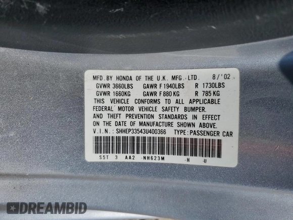 2003 Honda Civic Si with VIN SHHEP33543U400366, listed as a Copart auction lot 46257835 with 42,865 mi miles and Salvage Title. Bid and sale history available at DreamBid. Image 12.