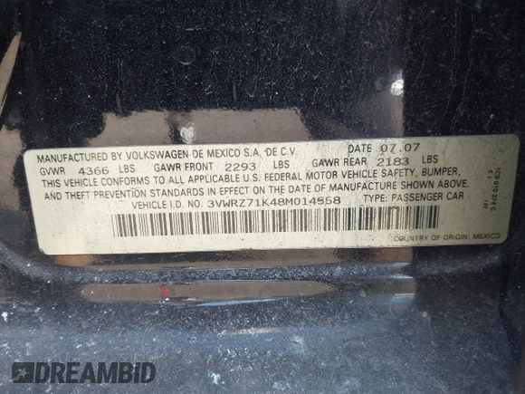 2008 Volkswagen Jetta SE z VIN 3VWRZ71K48M014558, wystawiony jako IAAI lot #41685615 z przebiegiem Nie podano mil oraz . Historia ofert i sprzedaży dostępna na DreamBid. Obrazek 9.