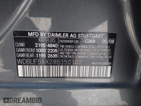 2008 Mercedes-Benz E-Class Luxury 3.5L with VIN WDBUF56X28B350102, listed as a IAAI auction lot 42033244 with 257,767 mi miles. Bid and sale history available at carsss.com. Image 9.