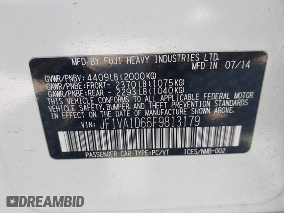 2015 Subaru WRX Premium with VIN JF1VA1D66F9813179, listed as a IAAI auction lot 42153431 with 127,872 mi miles. Bid and sale history available at carsss.com. Image 9.